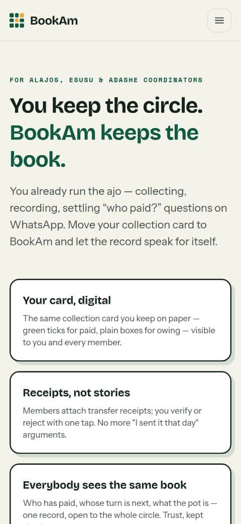 BookAm screen: Apply to run your own ajo