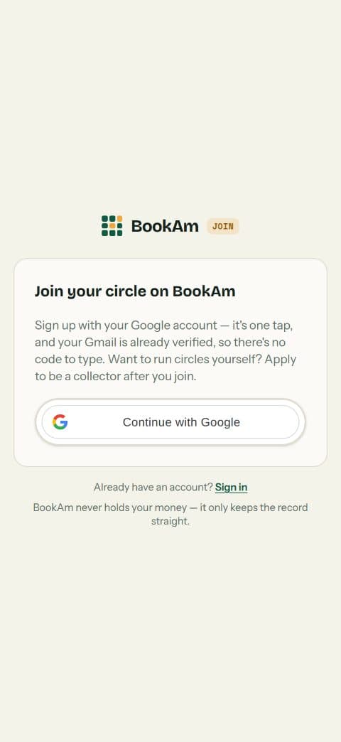 BookAm screen: Sign up with Google